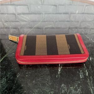 Authentic FENDI Pequin Collection zippy Wallet Khaki Black Red Canvas Leather